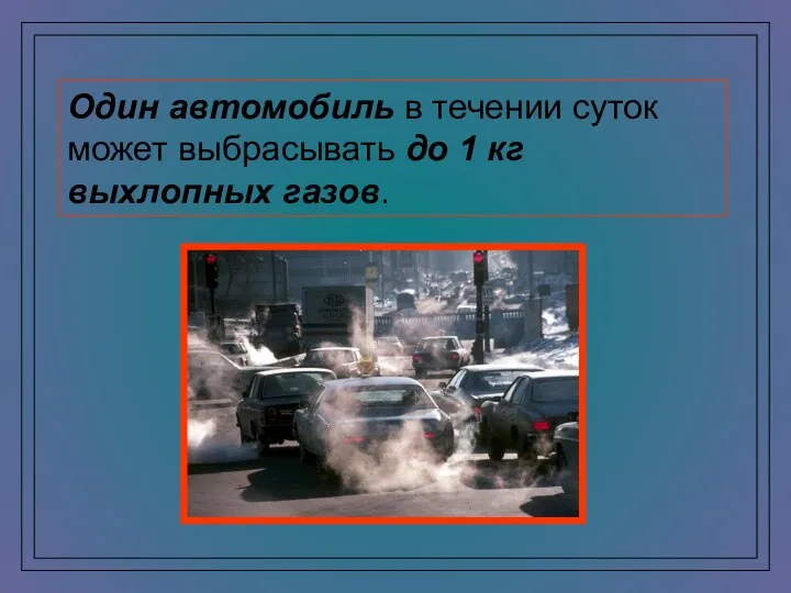 Один автомобиль в течении суток может выбрасывать до 1 кг выхлопных газов.