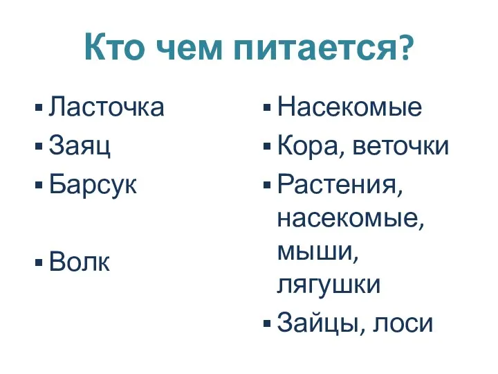 Кто чем питается? Ласточка Заяц Барсук Волк Насекомые Кора, веточки Растения, насекомые, мыши, лягушки Зайцы, лоси