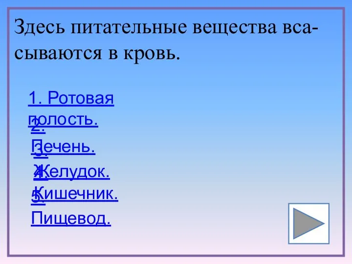 Здесь питательные вещества вса-сываются в кровь. 1. Ротовая полость. 2. Печень.