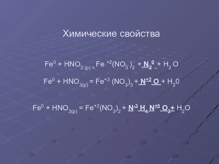 Химические свойства Fe0 + HNO3 (p) = Fe +2(NO3 )2 +