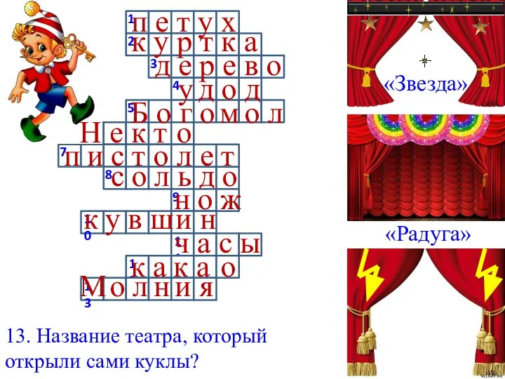 13. Название театра, который открыли сами куклы? п е т у