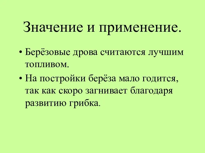 Значение и применение. Берёзовые дрова считаются лучшим топливом. На постройки берёза