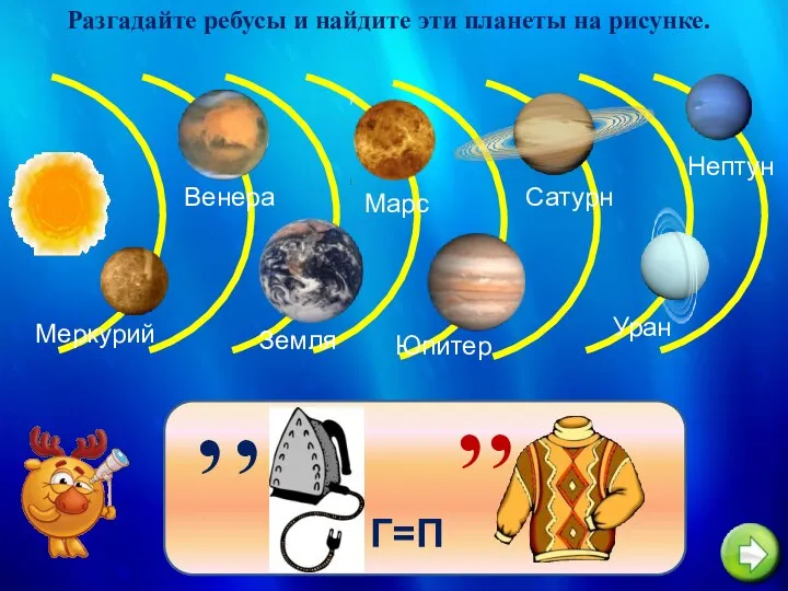 Меркурий Разгадайте ребусы и найдите эти планеты на рисунке. Венера Земля