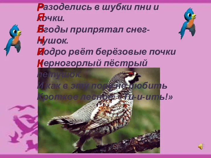 Разоделись в шубки пни и кочки. Ягоды припрятал снег-пушок. Бодро рвёт