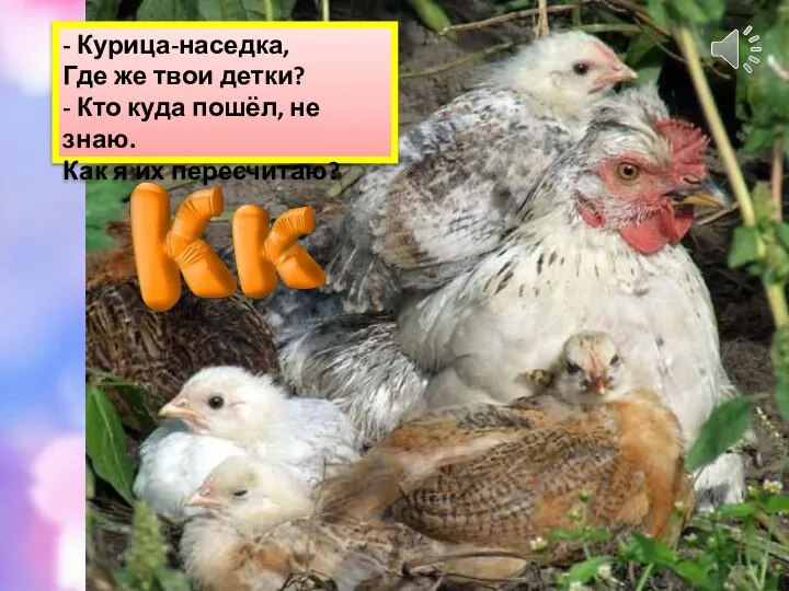 - Курица-наседка, Где же твои детки? - Кто куда пошёл, не знаю. Как я их пересчитаю?