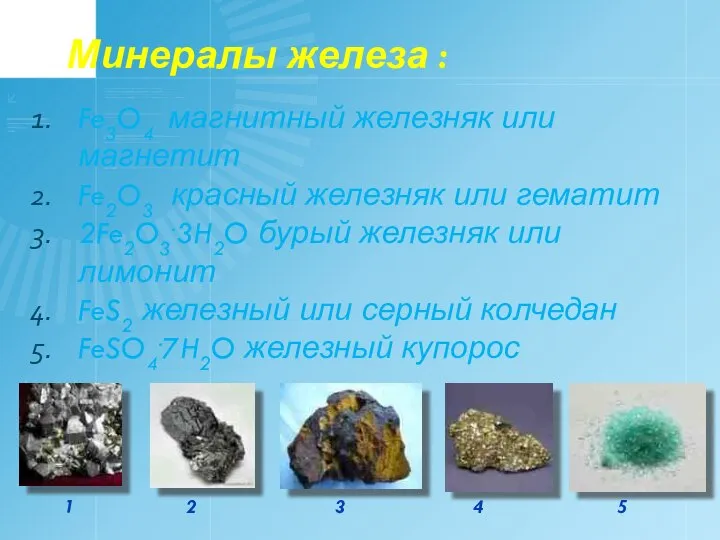 Минералы железа : Fe3O4 магнитный железняк или магнетит Fe2O3 красный железняк