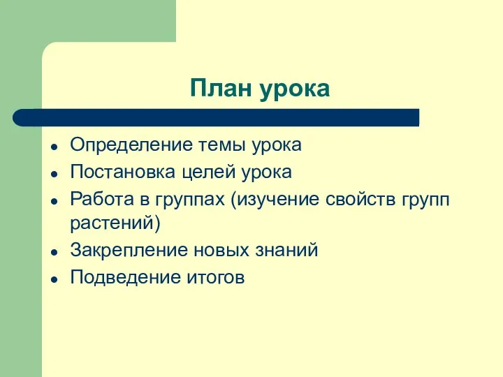 План урока Определение темы урока Постановка целей урока Работа в группах