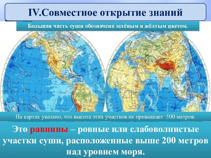 IV.Совместное открытие знаний Большая часть суши обозначена зелёным и жёлтым цветом.