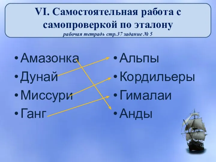 VI. Самостоятельная работа с самопроверкой по эталону рабочая тетрадь стр.37 задание № 5