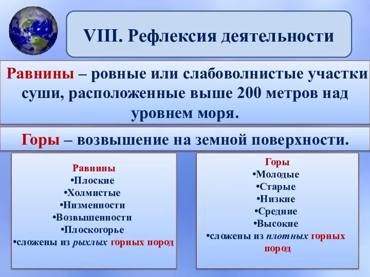 VIII. Рефлексия деятельности Равнины – ровные или слабоволнистые участки суши, расположенные