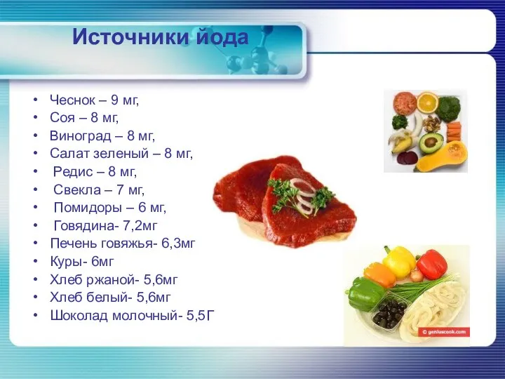 Источники йода Чеснок – 9 мг, Соя – 8 мг, Виноград