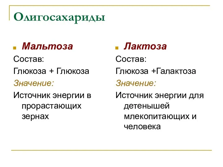 Олигосахариды Мальтоза Состав: Глюкоза + Глюкоза Значение: Источник энергии в прорастающих