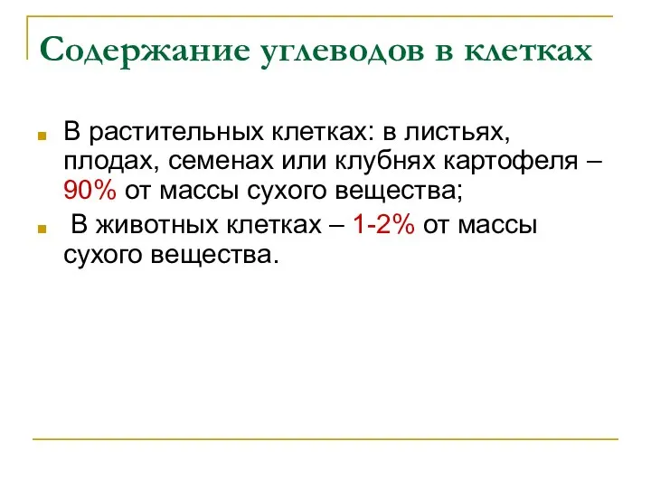 Содержание углеводов в клетках В растительных клетках: в листьях, плодах, семенах