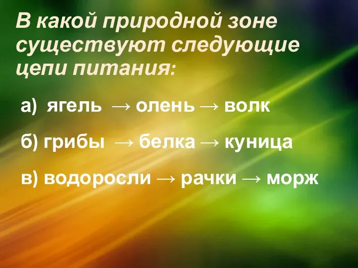 В какой природной зоне существуют следующие цепи питания: а) ягель →