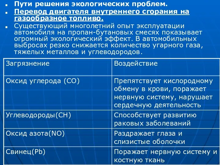 Пути решения экологических проблем. Перевод двигателя внутреннего сгорания на газообразное топливо.