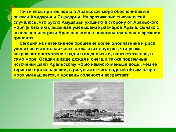 Почти весь приток воды в Аральское море обеспечивается реками Амударья и