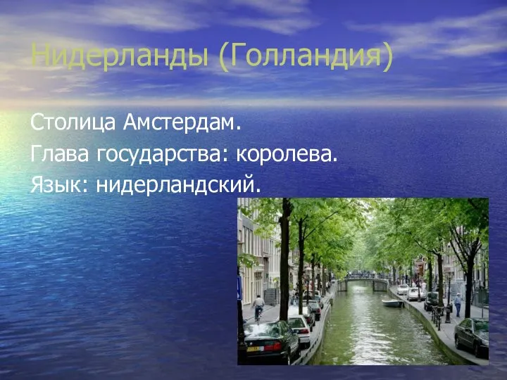 Нидерланды (Голландия) Столица Амстердам. Глава государства: королева. Язык: нидерландский.