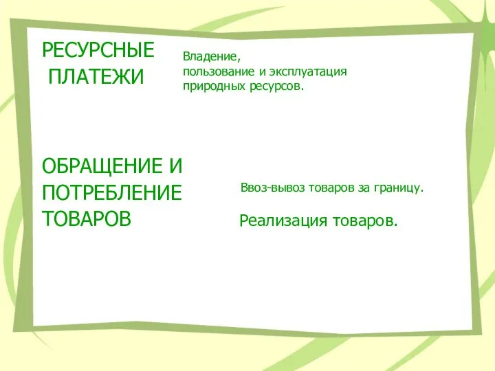 РЕСУРСНЫЕ ПЛАТЕЖИ ОБРАЩЕНИЕ И ПОТРЕБЛЕНИЕ ТОВАРОВ Реализация товаров. Ввоз-вывоз товаров за