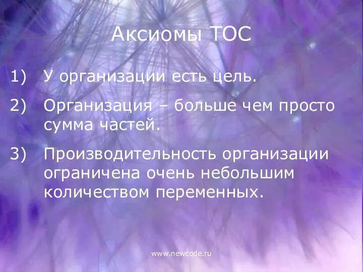 www.newcode.ru Аксиомы TOC У организации есть цель. Организация – больше чем
