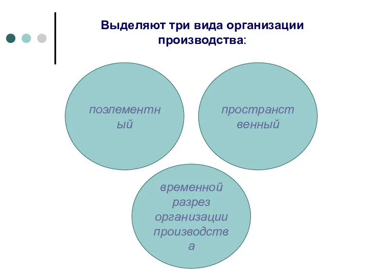 Выделяют три вида организации производства: поэлементный временной разрез организации производства пространственный