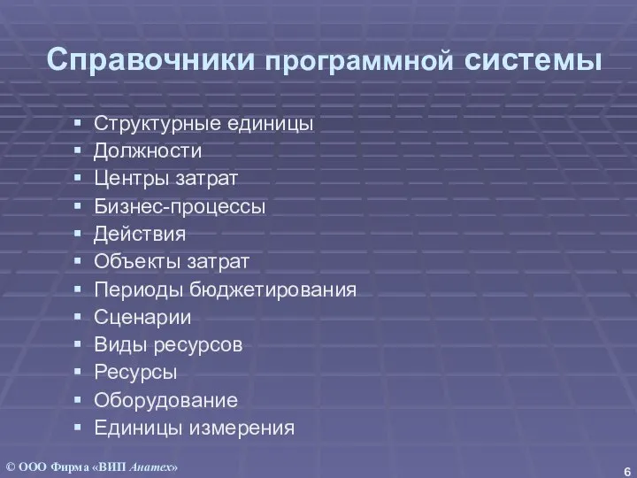 Справочники программной системы Структурные единицы Должности Центры затрат Бизнес-процессы Действия Объекты