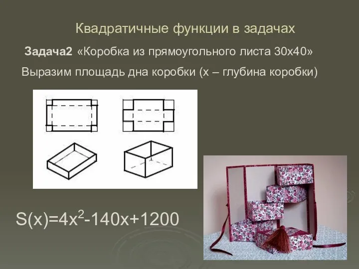 Выразим площадь дна коробки (х – глубина коробки) Квадратичные функции в