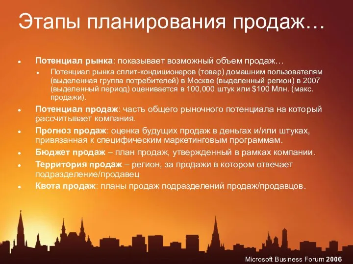 Этапы планирования продаж… Потенциал рынка: показывает возможный объем продаж… Потенциал рынка