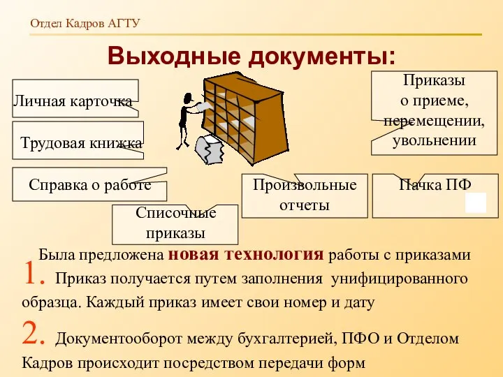 Была предложена новая технология работы с приказами Выходные документы: 1. Приказ