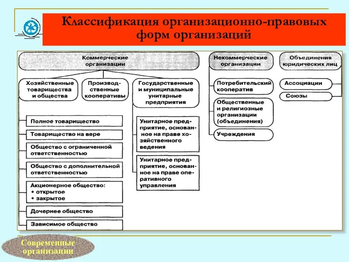 Классификация организационно-правовых форм организаций Современные организации