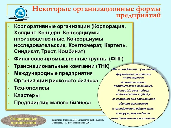 Некоторые организационные формы предприятий Корпоративные организации (Корпорация, Холдинг, Концерн, Консорциумы производственные,