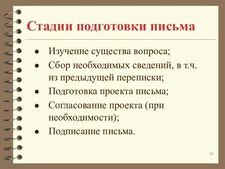 Стадии подготовки письма Изучение существа вопроса; Сбор необходимых сведений, в т.ч.