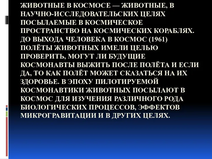 ЖИВОТНЫЕ В КОСМОСЕ — ЖИВОТНЫЕ, В НАУЧНО-ИССЛЕДОВАТЕЛЬСКИХ ЦЕЛЯХ ПОСЫЛАЕМЫЕ В КОСМИЧЕСКОЕ