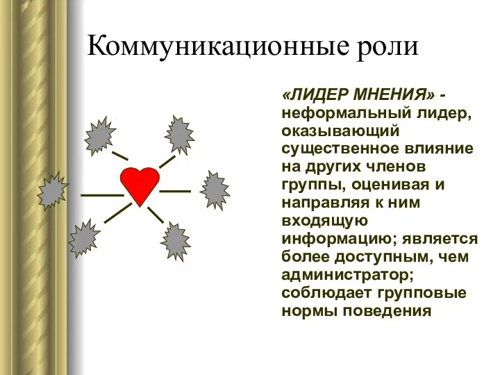 Коммуникационные роли «ЛИДЕР МНЕНИЯ» - неформальный лидер, оказывающий существенное влияние на