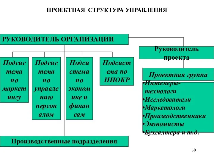 ПРОЕКТНАЯ СТРУКТУРА УПРАВЛЕНИЯ РУКОВОДИТЕЛЬ ОРГАНИЗАЦИИ Подсистема по маркетингу Подсистема по управлению