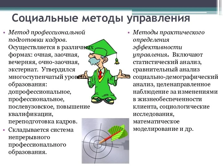 Социальные методы управления Метод профессиональной подготовки кадров. Осуществляется в различных формах: