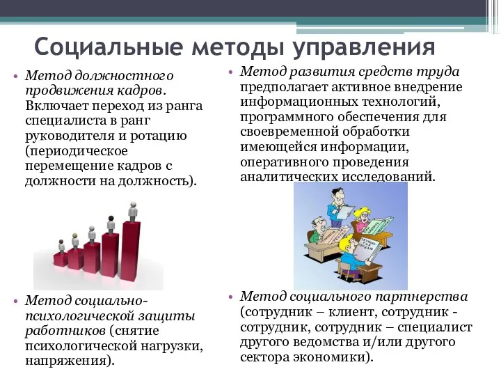 Социальные методы управления Метод должностного продвижения кадров. Включает переход из ранга