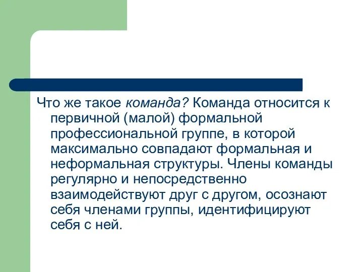 Что же такое команда? Команда относится к первичной (малой) формальной профессиональной