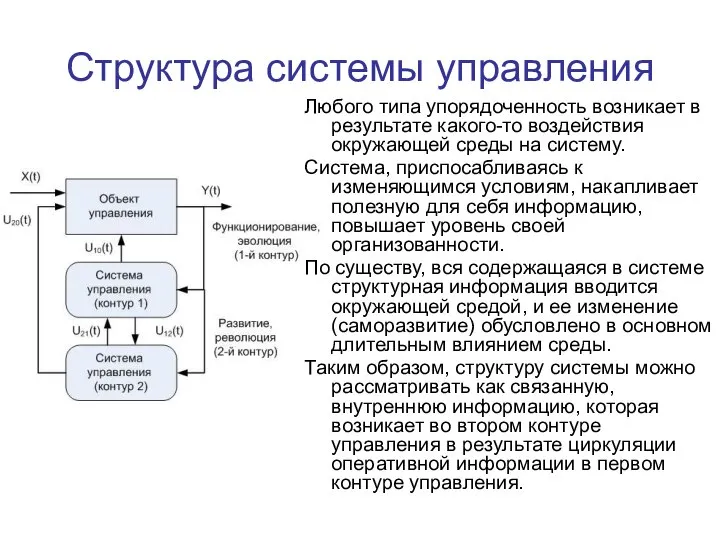 Структура системы управления Любого типа упорядоченность возникает в результате какого-то воздействия