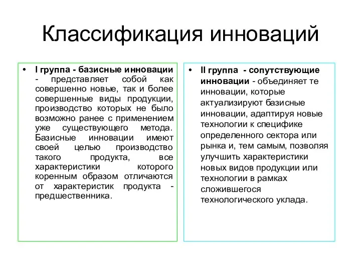 Классификация инноваций I группа - базисные инновации - представляет собой как