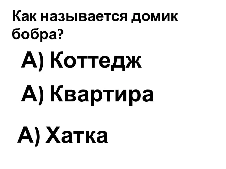 Как называется домик бобра? А) Хатка А) Коттедж А) Квартира