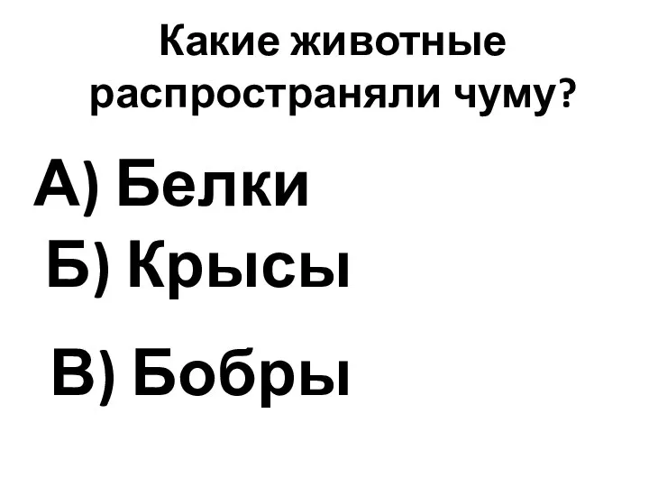 Какие животные распространяли чуму? А) Белки В) Бобры Б) Крысы