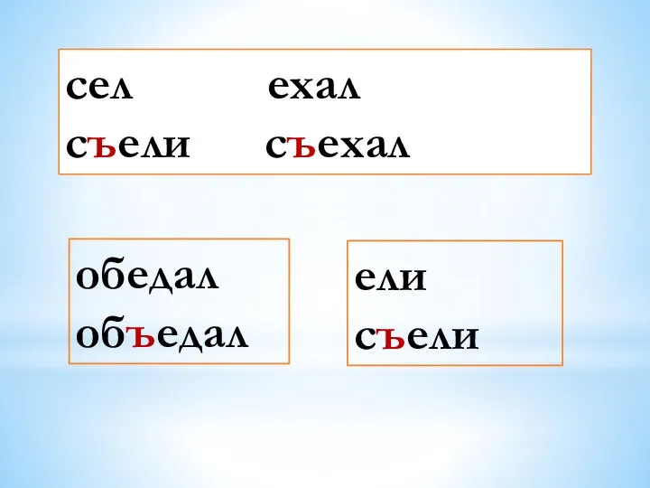 сел ехал съели съехал обедал объедал ели съели