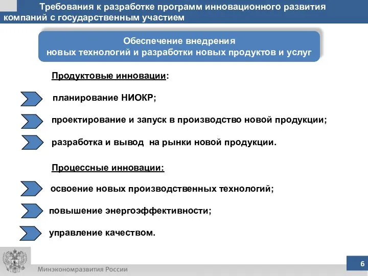 Требования к разработке программ инновационного развития компаний с государственным участием Обеспечение