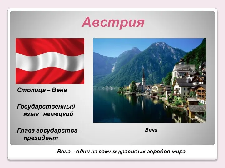 Столица – Вена Государственный язык –немецкий Глава государства - президент Вена