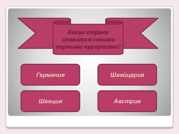 Какая страна славится своими горными курортами? Германия Швеция Швейцария Австрия