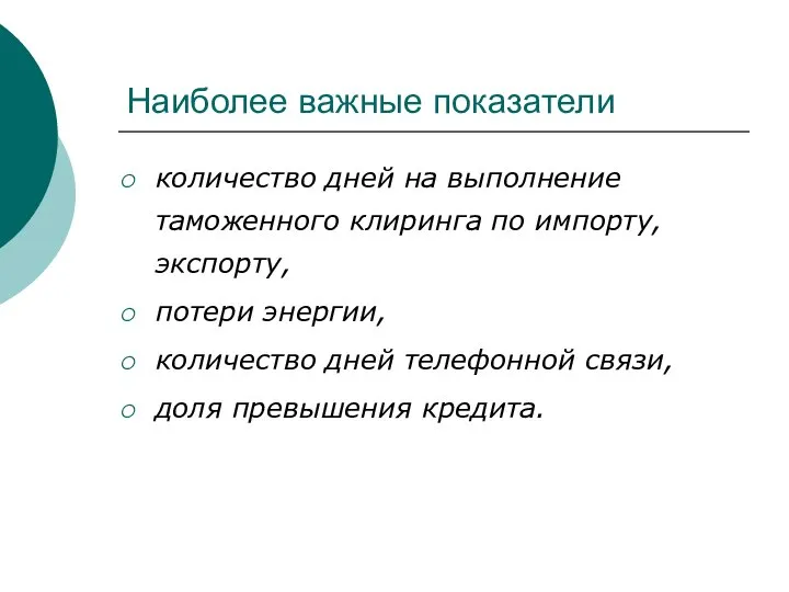 Наиболее важные показатели количество дней на выполнение таможенного клиринга по импорту,