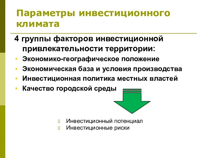 Параметры инвестиционного климата Инвестиционный потенциал Инвестиционные риски 4 группы факторов инвестиционной