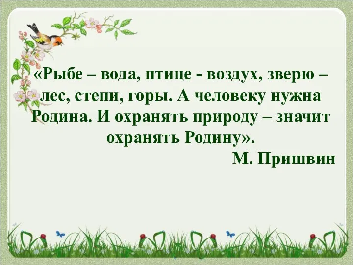 «Рыбе – вода, птице - воздух, зверю – лес, степи, горы.