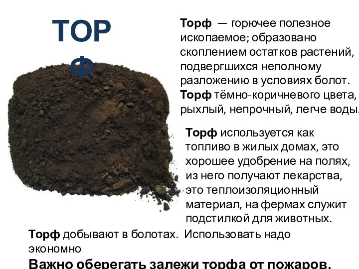 торф Торф — горючее полезное ископаемое; образовано скоплением остатков растений, подвергшихся