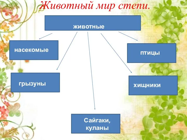 Животный мир степи. животные насекомые птицы грызуны хищники Сайгаки, куланы